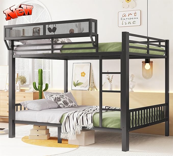 Stronger & Higher Quality Heavy Duty Steel Bunk Bed Queen Over Queen Size Bunkbed, Thickened Safer More Stable Metal Queen Bunk Bed Frame (Faster Assembly)