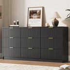 Black 9 Drawer Dresser for Bedroom, Modern Fluted Dresser with Gold Metal Handles, Wide Chest of Drawers for Bedroom, Living Room, Entryway, Hallway, 63" L x 15.7" D x 31.4" H