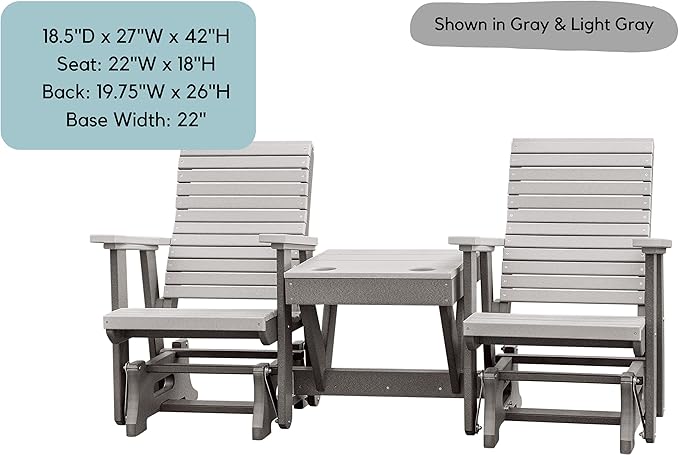 DutchCrafters Modern Horizontal Slat High Back Poly Double Glider Chairs with Center Table Outdoor Patio Furniture (Black & Light Gray)