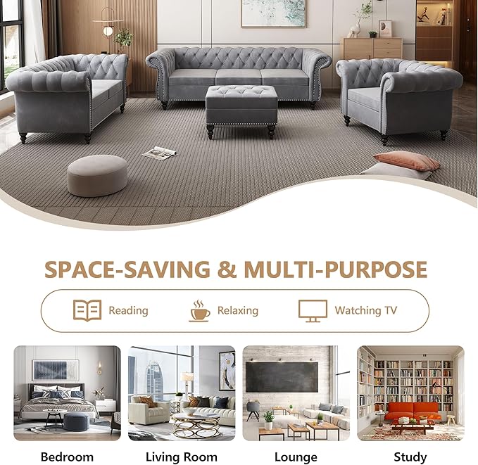 Home Sofa Living Room Furniture, 3 Seater 84" Velvet Upholstered Couch, Mid Century Modern Comfy Couch with Cushions, Classic Tufted Chesterfield Couches for Bedroom, Office, Apartment (Grey)