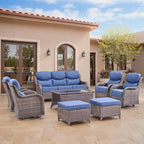 Swivel Patio Chairs sofa Set of 5 with 6" Thick Cushion - Wicker Outdoor Swivel Rocker Patio Chair with Side Table, High Back Comfortable Outdoor Glider Chairs - Brown Wicker | Blue Cushions
