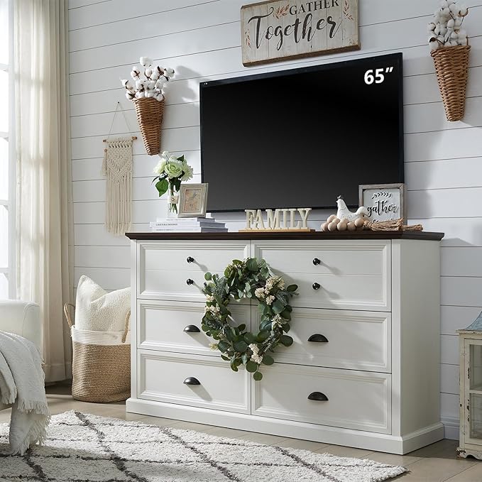 Farmhouse 6 Drawers Dresser for Bedroom, 58" Wide Dresser Chest of Drawers Organizer Storage, Wood Rustic Chest for Closet w/Two Different Drawer Sizes for Living Room, Hallway, White