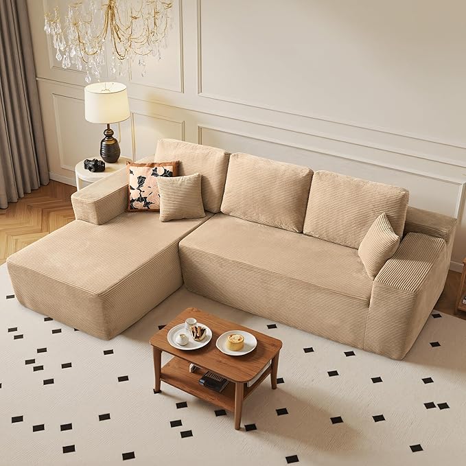 104" Cloud Sectional Couch with Chaise, Boneless L-Shaped Cloud Couch with Deep Seat, Corduroy Modern Minimalist Sofa, Assembly Free Comfy Sofa for Office Living Room Apartment(Camel, Left Chaise)