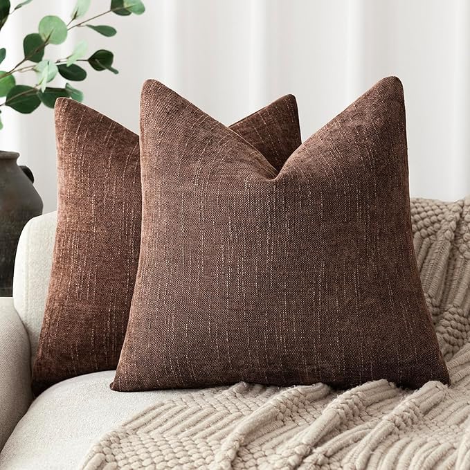 Foindtower Pack of 2 Soft Textured Chenille Throw Decorative Pillow Covers Square Accent Solid Cushion Cover Cozy Neutral Farmhouse Pillow Case for Couch Sofa Bedroom Living Room 24x24 Inch,Red Brown