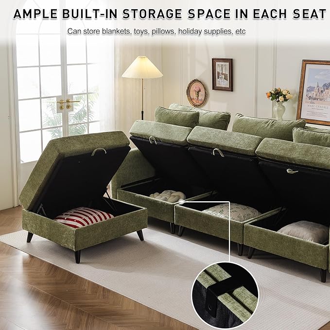 104'' Modular Sectional Sofa with All Seats Storage, Oversized U Shaped Couch for Living Room,3-Seater Comfy Cloud Couches with Movable Ottoman,Big Sectional for Bedroom,Velet,Green