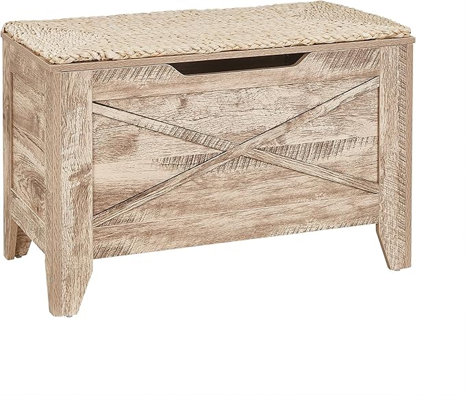 VECELO 30" Storage Bench, Entryway Shoe Ottoman, Farmhouse Style Bench with Handwoven Cushion and Metal Safety Hinges, for Bedroom, Living Room, Entryway, Wood