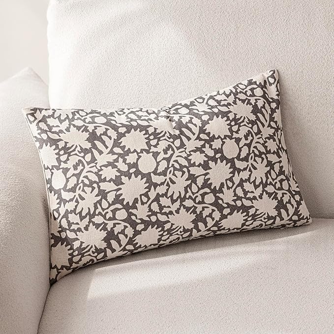 Foindtower Set of 2 Decorative Neutral Floral Throw Pillow Covers Accent Farmhouse Cushion Covers Boho Lumbar Pillowcase for Couch Sofa Bedroom Living Room Home Decor,12×20 Inch,Rustic Gray