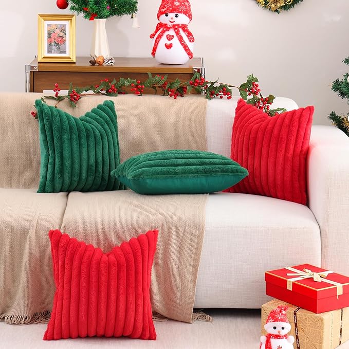 Pallene Faux Fur Plush Christmas Throw Pillow Covers 16x16 Set of 2, Luxury Soft Fluffy Striped Decorative Pillow Covers for Sofa, Couch, Living Room, Christmas Green