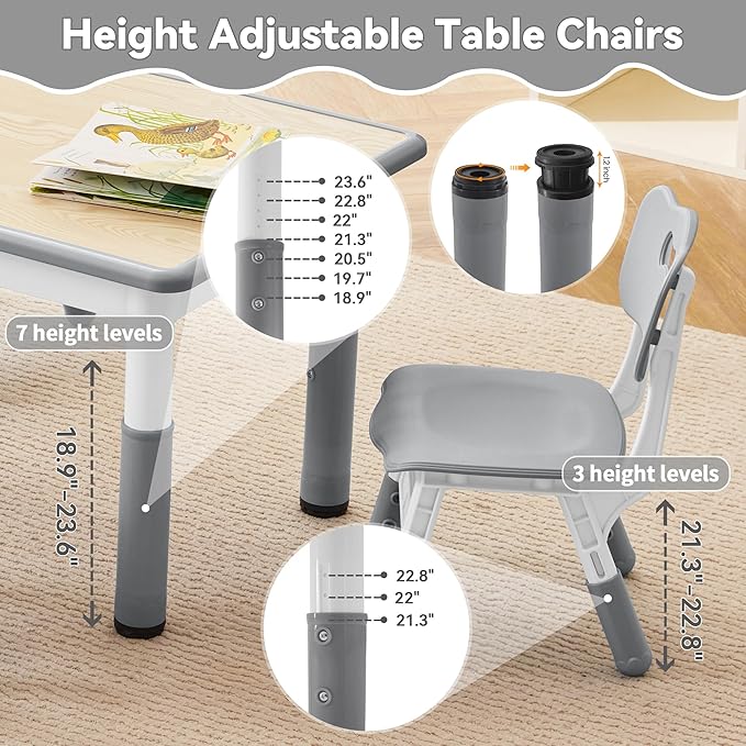 Kids Study Table and Chairs Set, Height Adjustable Toddler Table and Chair Set for Kids Ages 3-8, 31.5" L x 23.6" W Graffiti Desktop Plastic Children Art Table with 4 Seats, Grey