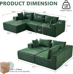 109" Cloud Sectional Couch, Boneless Couches for Living Room, Modular Sectional Sofa with Deep Seat, L-Shape Couch with Chaise, Comfy Corduroy Fluffy Modern Modular Sofa, No Assembly Required, Green
