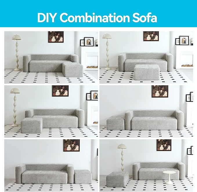 Modern One-Piece Foam Sofa with Ottoman, No Assembly Required, Ergonomic Design Couch, Eco-Friendly Chenille Fabric, Modular DIY Combination Sectional for Living Room, Apartment & Lounge (Light Gray)