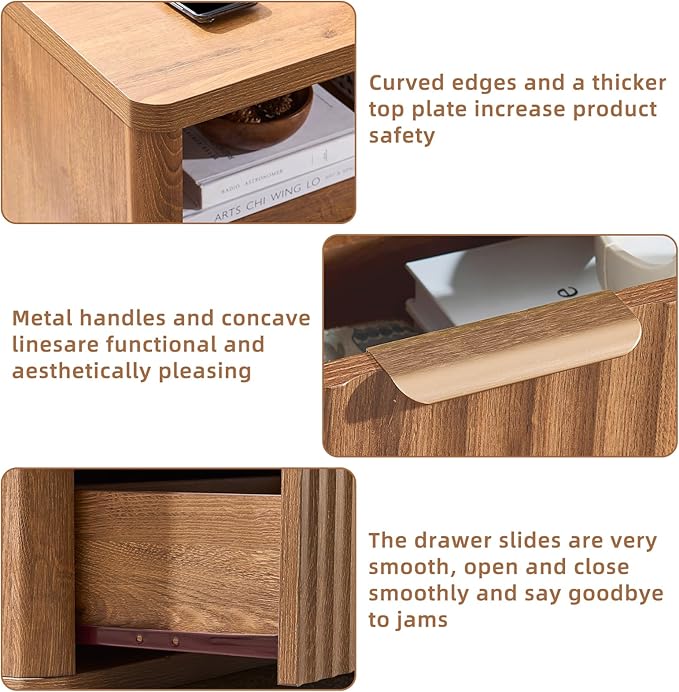 LEYAOYAO 31" Wide Fluted Nightstand Set of 2 with Charging Station, Oversized Extra Large 2 Drawers Night Stand,Brown Wood Bedside Table,Tall End Tables,Modern Chest of Drawers Dressers for Bedroom