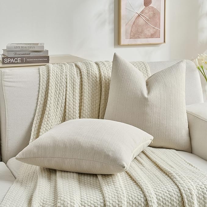 FUTEI Beige Decorative Throw Pillow Covers 16x16 Inch Set of 2,Soft Cozy Wheat Ear Striped Patterns Cushion Cases,Modern Home Decor for Couch Bed Living Room