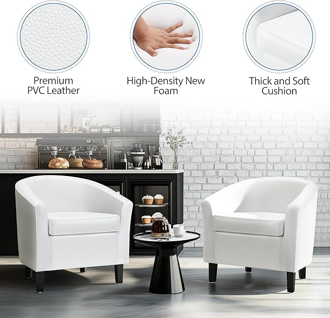 Yaheetech White Leather Chair, Faux Leather Accent Chair, Modern Barrel Chair Comfy Club Chair with Soft Padded and Solid Legs for Living Room Bedroom Reception Room, White