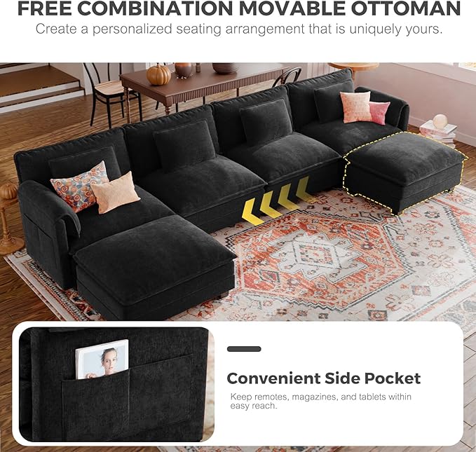 ELUCHANG 116" Luxury Modular Sectional Sofa, Comfy Deep Seat Cloud Couch, Sleeper Sofa Bed, 6 Seat Modern Couch with Removable Cover for Living Room, Apartment, DIY Combination, Chenille Black