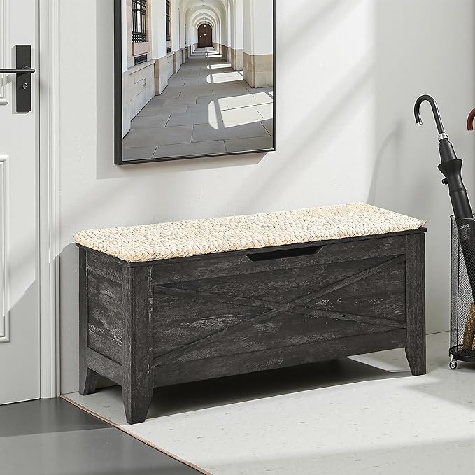 VECELO 43.3" Storage Bench, Entryway Shoe Ottoman, Farmhouse Style Bench with Handwoven Cushion and Metal Safety Hinges, for Bedroom, Living Room, Entryway, Gray