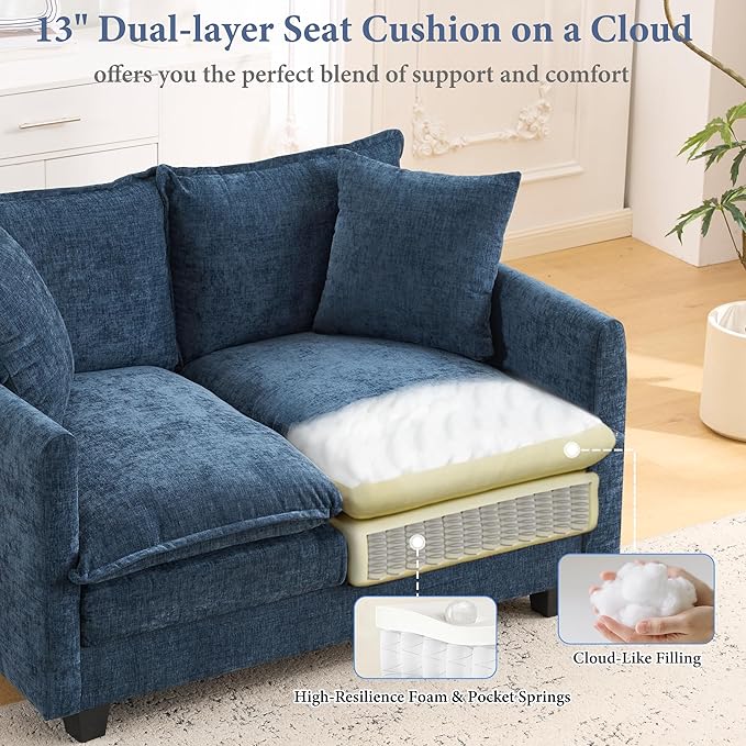 50" Loveseat Sofa Small Cloud Couch | Mini Chenille Love Seat Couches with 2 Pillows | 27.16" Deep Seat for Small Spaces Bedroom Dorm Apartment | Blue