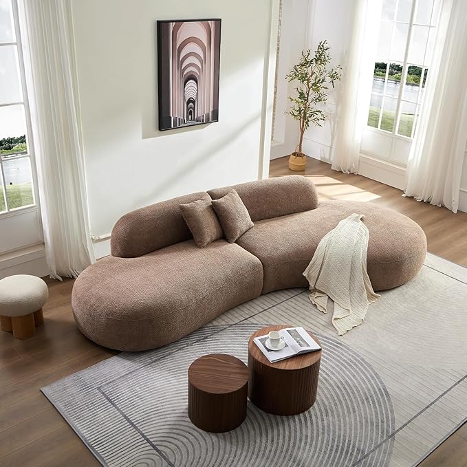 135.4" Oversized Curved Sofa, Modern Minimalist Comfy Sectional Couch, Upholsted Boucle Luxury Sofas Chaise, 6 Seater Modular Couches for Living Room Home Office Apartment((Right Facing,Camel)
