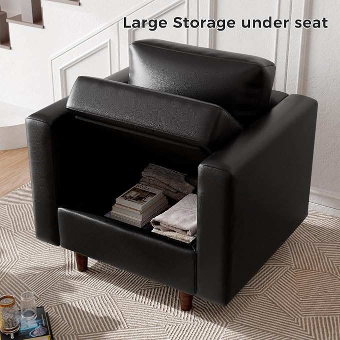 ABCASA Faux Leather Oversized Accent Chair with Storage Deep Seat Single Sofa Large Reading Armchair for Living Room Bedroom Office Black