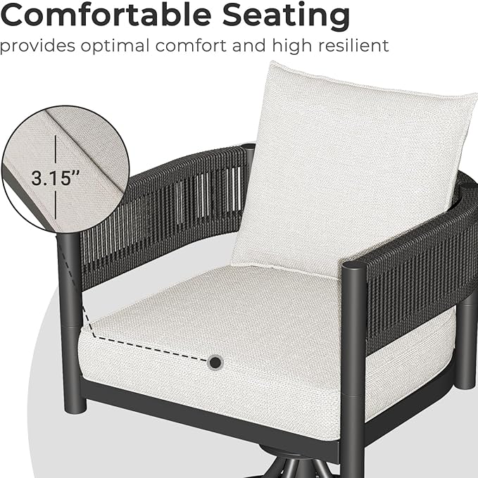 Grand patio 5-Piece Outdoor Dining Set for 4, Metal Woven Wicker Swivel Patio Chairs with Thickened Cushions & 1 Square Woodgrain Dining Table with Umbrella Hole for Backyard Deck (Black)