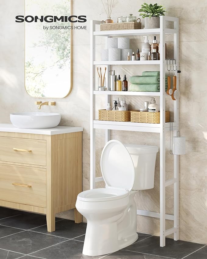 SONGMICS Over The Toilet Storage, 4-Tier Over Toilet Bathroom Organizer with Adjustable Shelves, 10.2 x 24.8 x 72.8 Inches, Space-Saving, Cloud White UBTS041W01