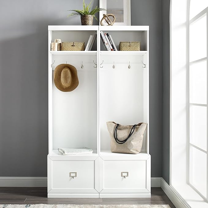 Crosley Furniture Harper 2-Piece Hall Tree Entryway Set with Storage Bench and Coat Rack Hooks for Hanging, White