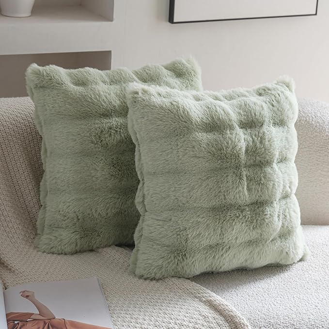 Neelvin Green Faux Fur Cozy Soft Double-Sided Decorative Throw Pillow Covers 12x20 inch Set of 2,Velvet Pillowcase Cushion Case for Sofa Couch