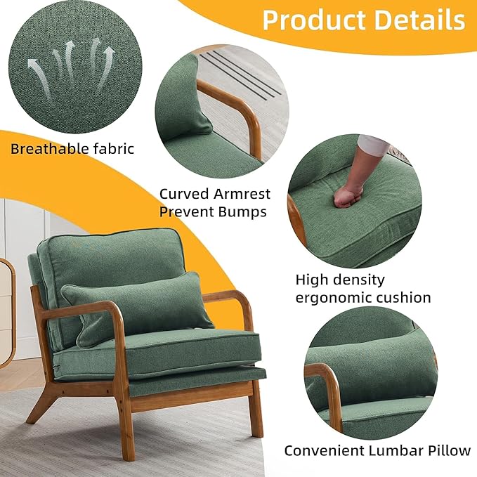 Mid-Century Accent Chair,Linen Fabric Lounge Chair with Wide Armrest,Linen Fabric Armchair with Lumbar Pillow & Solid Wood Frame for Living Room, Bedroom, Balcony(Green)