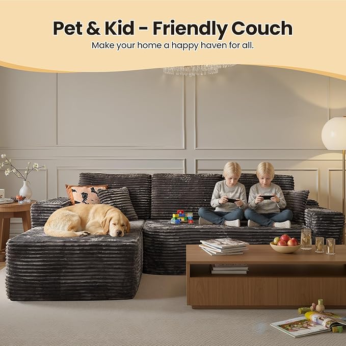 104" Cloud Sectional Couch with Chaise, Boneless L-Shaped Cloud Couch with Deep Seat, Soft Plush Modern Minimalist Sofa, Assembly Free Comfy Sofa for Office Living Room Apartment(Grey, Left Chaise)