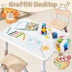 Adjustable Kids Table Chairs Set – Graffiti Desktop, Multi-Activity Height-Adjustable Toddler Study Desk for Ages 3-8 – Ideal for Home, Classroom, Daycare (B-Brown, 4 Chairs-31.5" L x 23.6" W)