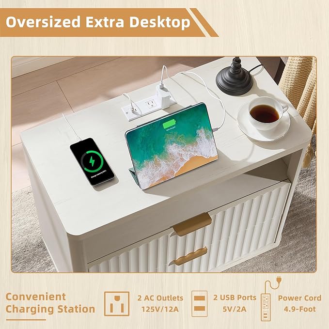 LEYAOYAO 31" Wide Fluted Nightstand with Charging Station, Oversized Extra Large 2 Drawers Night Stand,White Wood Bedside Table,Tall Bed Side End Tables,Modern Chest of Drawers Dressers for Bedroom