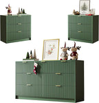 3-Piece Dresser Bedroom Set, 7 Drawer Dresser & 3 Drawer Nightstands with Gold Handles, Fluted Wood Chest of Drawers for Bedroom, Living Room, Entryway, Green