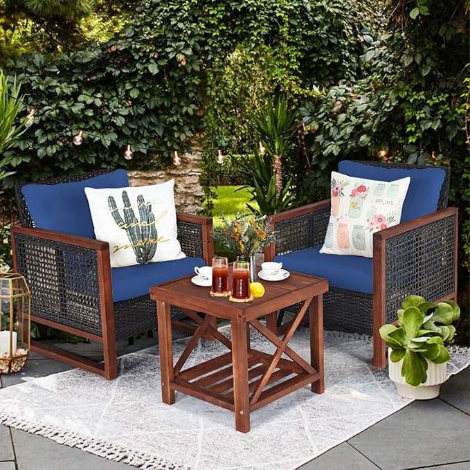 COSTWAY 3 Pieces Wicker Patio Furniture Set, Outdoor Wicker Sofa with Acacia Wood Frame, Coffee Table & Washable Cushions, Rattan Conversation Sets for Yard, Porch Bistro Balcony, Backyard, Navy Blue