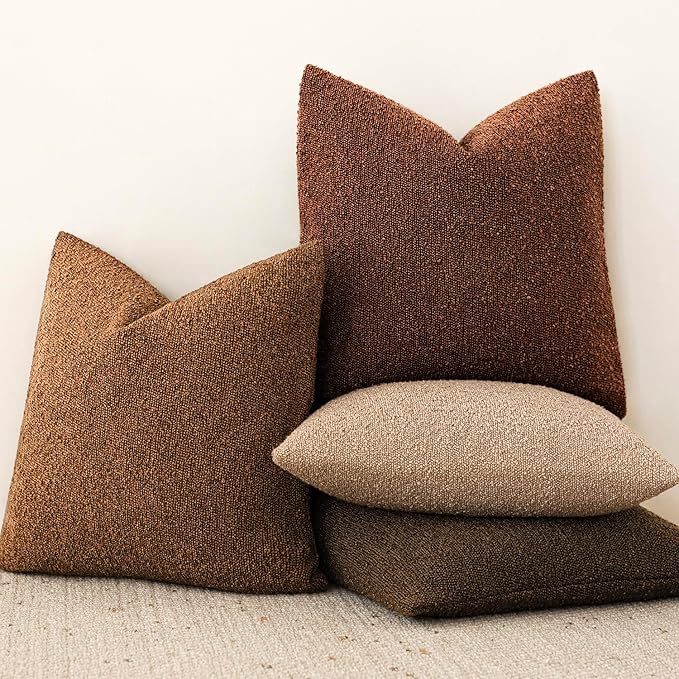 Foindtower Set of 2, Decorative Textured Boucle Throw Pillow Covers Accent Solid Pillow Cases Neutral Soft Cozy Couch Cushion Case for Chair Sofa Bedroom Living Room Home Decor 26x26 Inch Hazel Brown
