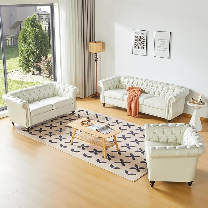 Chesterfield Loveseat Sofa, Modern Leather Small Sofa Couch 2 Seater with Rolled Arms and Nailhead, Mid Century Modern Loveseat Couch for Small Spaces Living Room Bedroom Apartment, White