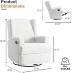 Boucle Swivel Glider Recliner Chair for Adults - Plush High Back Rocker with Deep Seat, Manual Reclining Upholstered Armchair for Living Room or Nursery, Textured Fabric Accent Chair-White