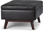 SIMPLIHOME Owen 34 inch Wide Mid Century Modern Rectangle Coffee Table Storage Ottoman in Distressed Black Vegan Faux Leather, Assembled, for the Living Room, Entryway and Family Room