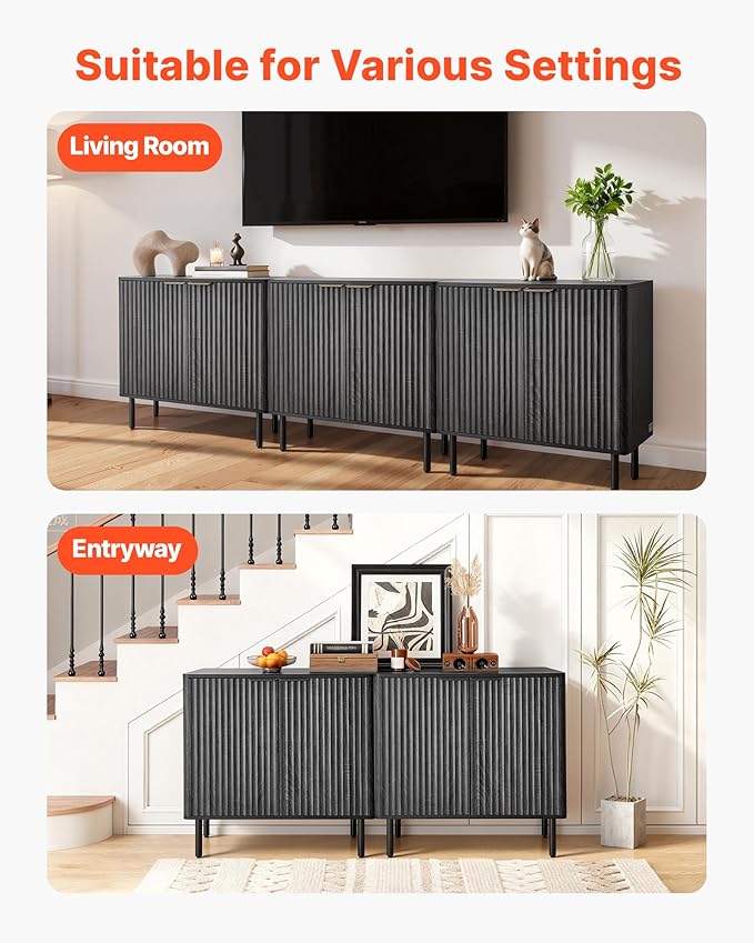 VEVOR Fluted Cabinet, Buffet Cabinet with 2-Tier Storage, Coffee Bar Cabinet with Adjustable Shelves, Sideboard Buffet for Hallway, Entryway, Living Room, or Kitchen, Black