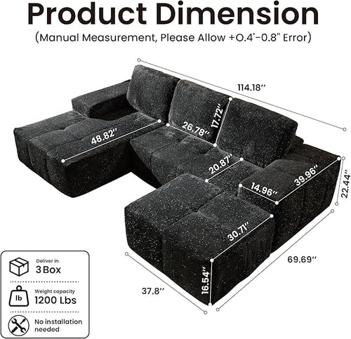 114" Glitter Cloud Sectional Couch with L-Shape Chaise & Ottoman, Modern Boneless Couches for Living Room, Fluffy Tufted Deep Seat Modular Sofa No Assembly (Gray Sparkly Velvet,Left Facing)