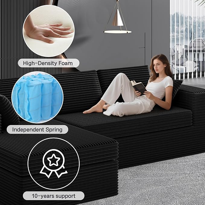 108-inch Boneless Couch for Living Room，Comfy Boneless Sofa with Deep Seats & Chaise Lounge, 3-Seat Modular Sofa Memory Foam Sectional Couches - No Assembly Required(Dark Black)