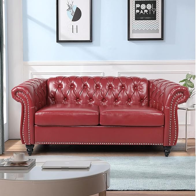 LEVNARY Leather Sofa, Chesterfield Tufted Upholstered 2 Seater Couch, Modern Loveseat Couch Classic Furniture for Living Room Bedroom (Wine Red)