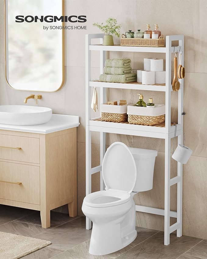 SONGMICS Over The Toilet Storage, 3-Tier Over Toilet Bathroom Organizer with Adjustable Shelf, 10.2 x 24.8 x 66.9 Inches, Space-Saving, Cloud White and Natural Beige UBTS001W02
