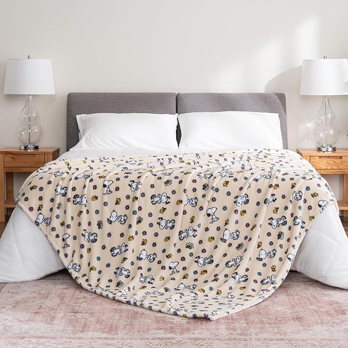 Berkshire Blanket Peanuts® VelvetLoft® Cute Character Snoopy Plush Blanket,Peanuts Woodstock Snoopy Spring Frolic Large Canvas,Full/Queen 90 in x 90 in (Official Peanuts® Product)