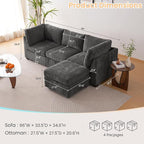 TEKAMON 96" Modular Sectional Sofa with Ottoman,Large Comfy Cloud 3-Seat Deep Seat, Reversible Chaise Modular Sectional Couches for Living Room and Apartmenr,Grey