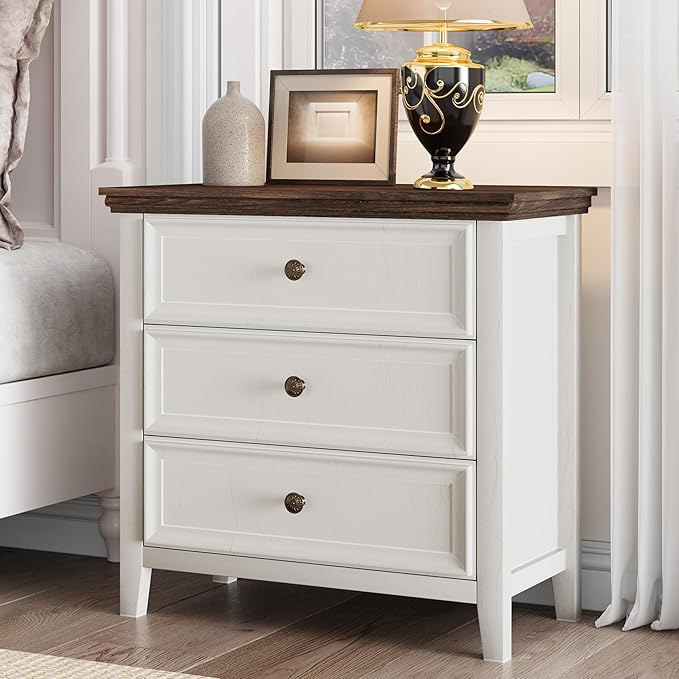 Farmhouse 3-Drawer Dresser for Bedroom - 31.5" Wide 3 Chest of Drawers Storage Cabinet as Nightstand or Bedside Dresser（Antique White & Brown）
