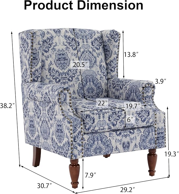 Pia Ricco High Back Floral Accent Chair - Retro Wingback Upholstered Armchair with Nailhead Trim, Solid Wood Legs, Fabric Living Room Bedroom Reading Chair (Flower Navy)