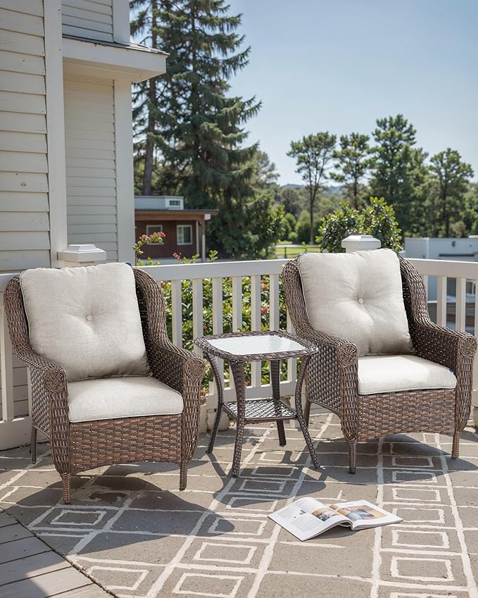 3 Piece Patio Brown Wicker Chairs with Side Table - Outdoor High Back Heavy Duty All-Weather Lawn Dining Rattan Chair Conversation Bistro Set for Deck Porch Balcony Backyard Garden - Beige