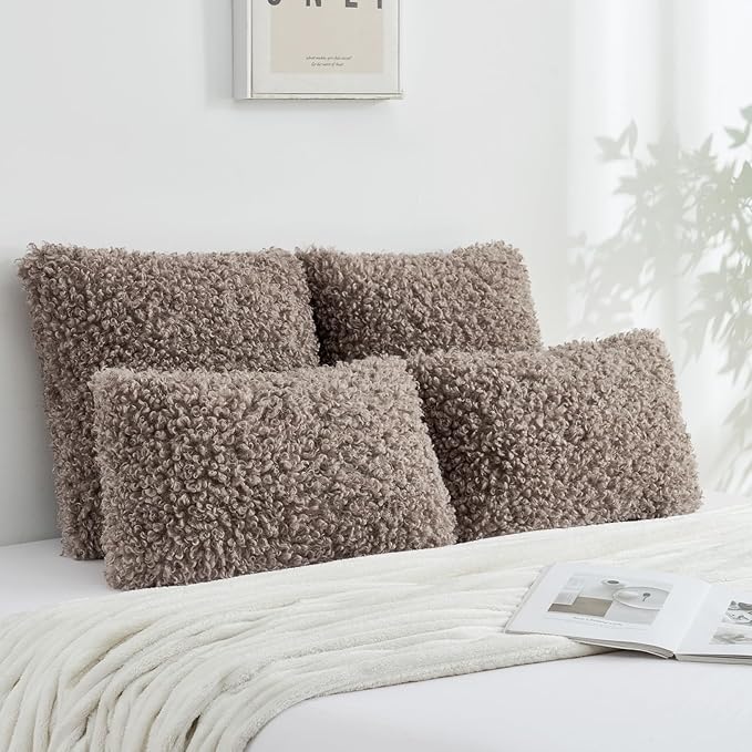 FUTEI Khaki Decorative Throw Pillow Covers 24x24 Inch Set of 2,Soft Fluffy Faux Wool Fur Boucle Textured European Cushion Case,Modern Home Decor for Couch Bed Living Room Office