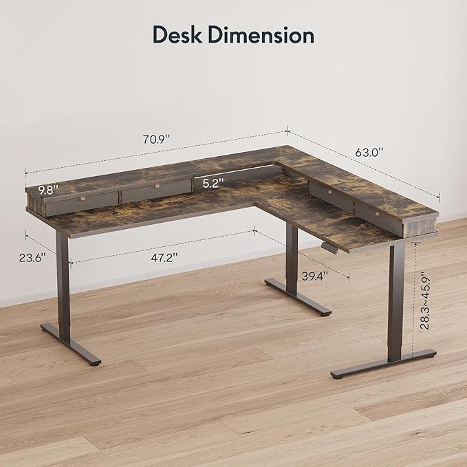 SANODESK 71" L Shaped Standing Desk with 4 Drawers, Height Adjustable Stand up Desk, Corner Gaming Desk with Monitor Stand, Black Frame/Rustic Brown Top