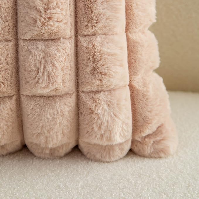 Neelvin Camel Faux Fur Cozy Soft Plaid Decorative Throw Pillow Covers 18x18 inch Set of 2,Velvet Pillowcase Cushion Case for Sofa Couch